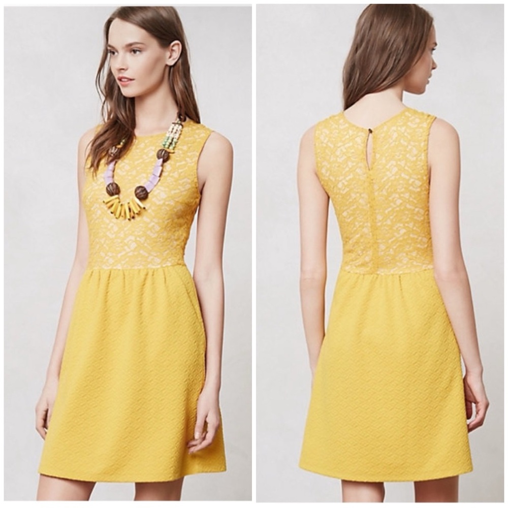 Anthropologie Maeve Vera Lace Jacquard A-Line Mini Dress Mustard Yellow Sz S GUC